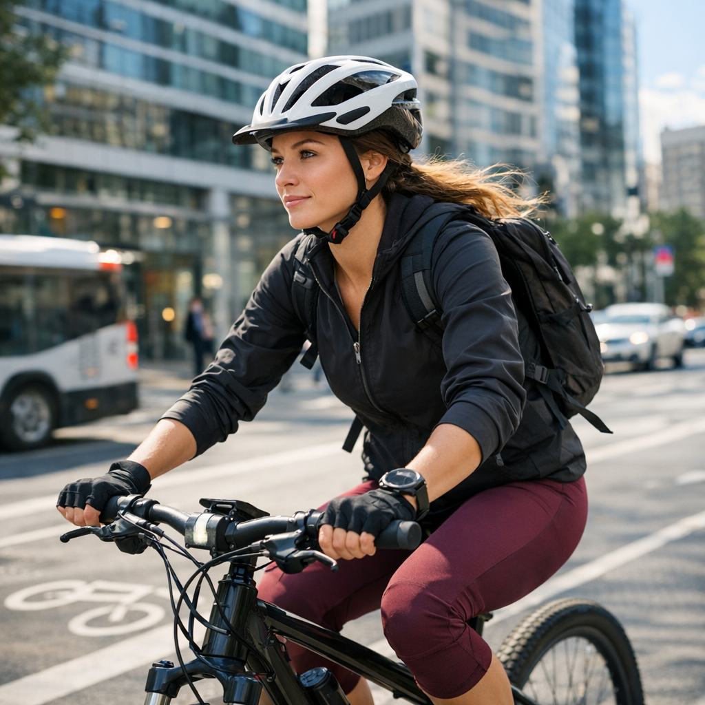 Женщина крутит педали по городскому велосипедному маршруту