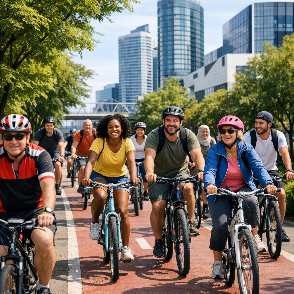 Группа велосипедистов в городе