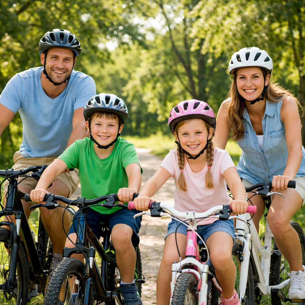 Семья на велосипедах в летнем парке