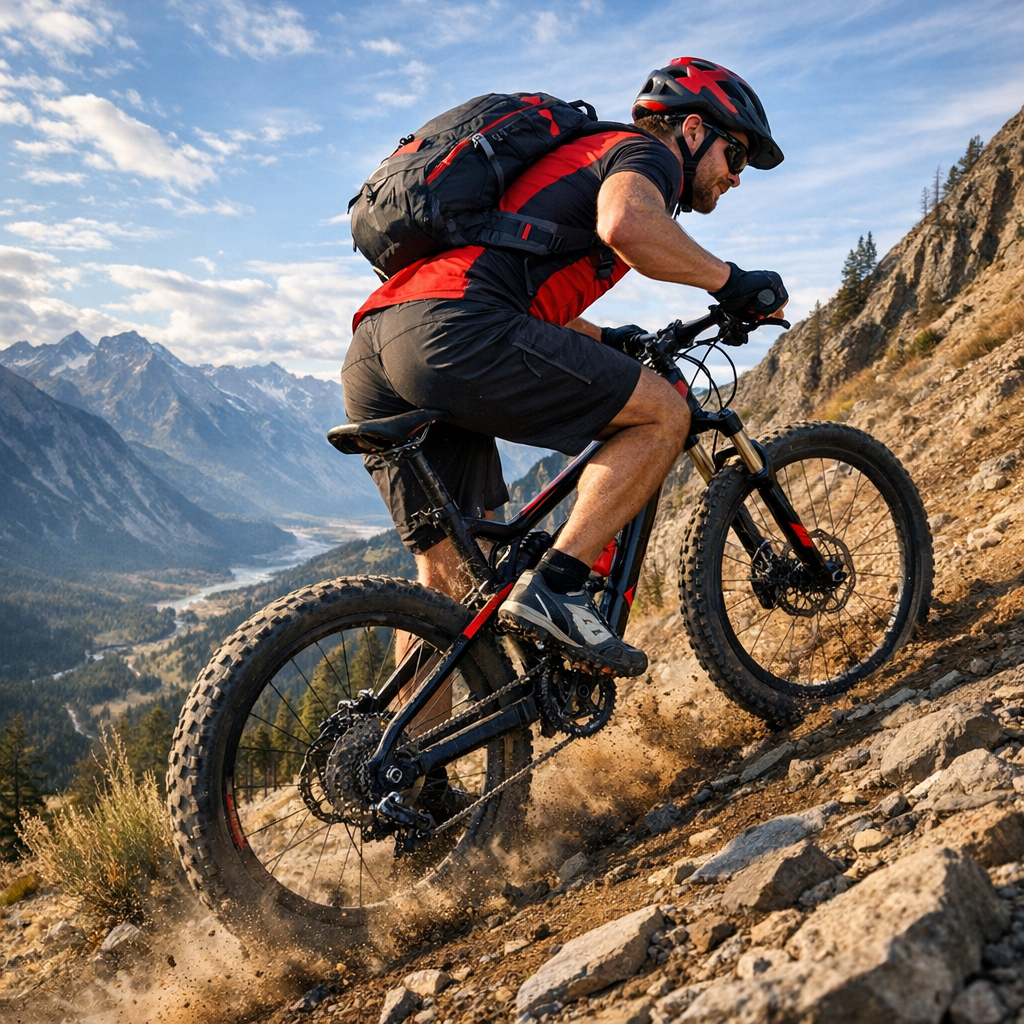 Спортсмен на горном велосипеде выполняет подъем