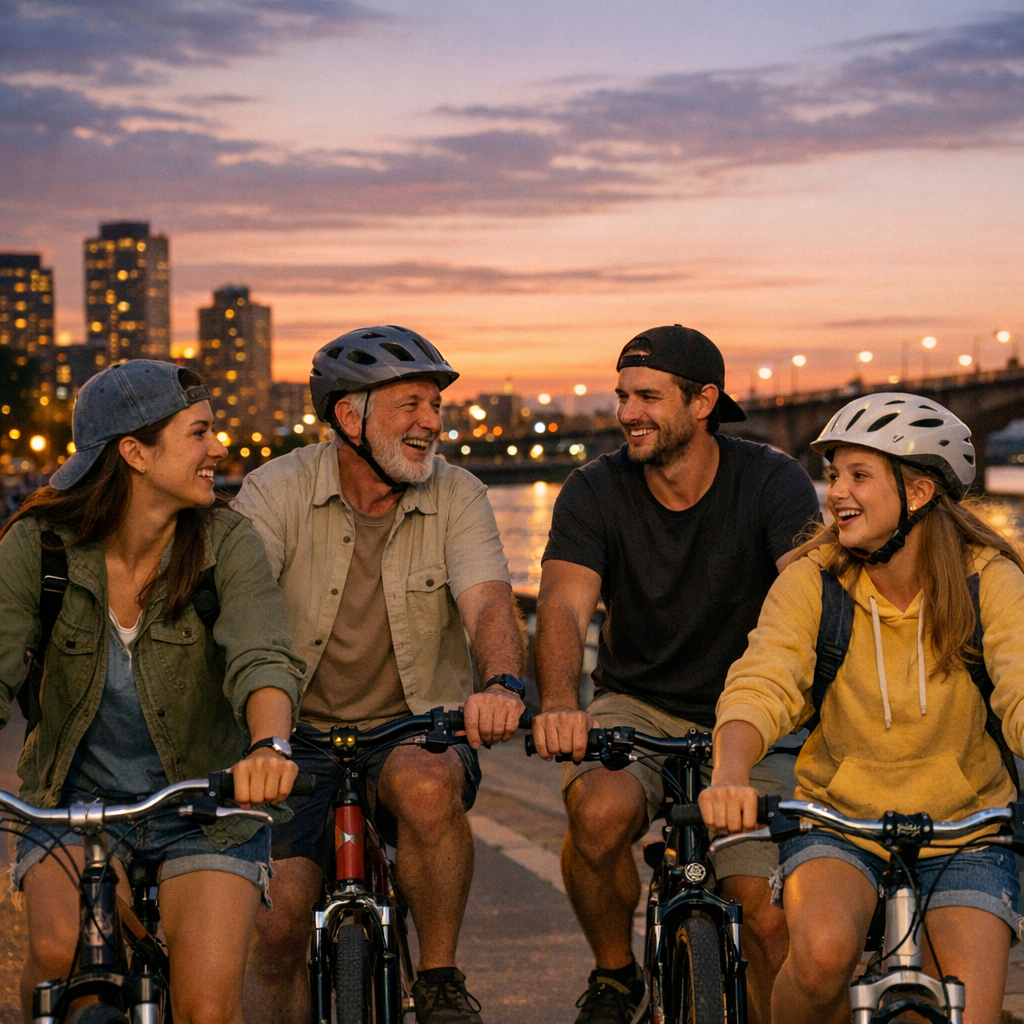 Группа людей наслаждается вечерней поездкой на велосипедах